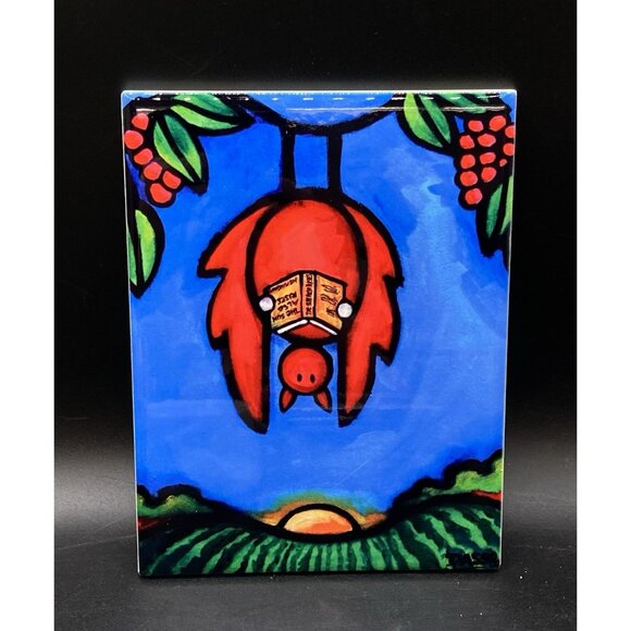 Signed Tile By Noelle Dass Bat Reading Hemingway If the Sun Also Rises Ceramic - Picture 1 of 7